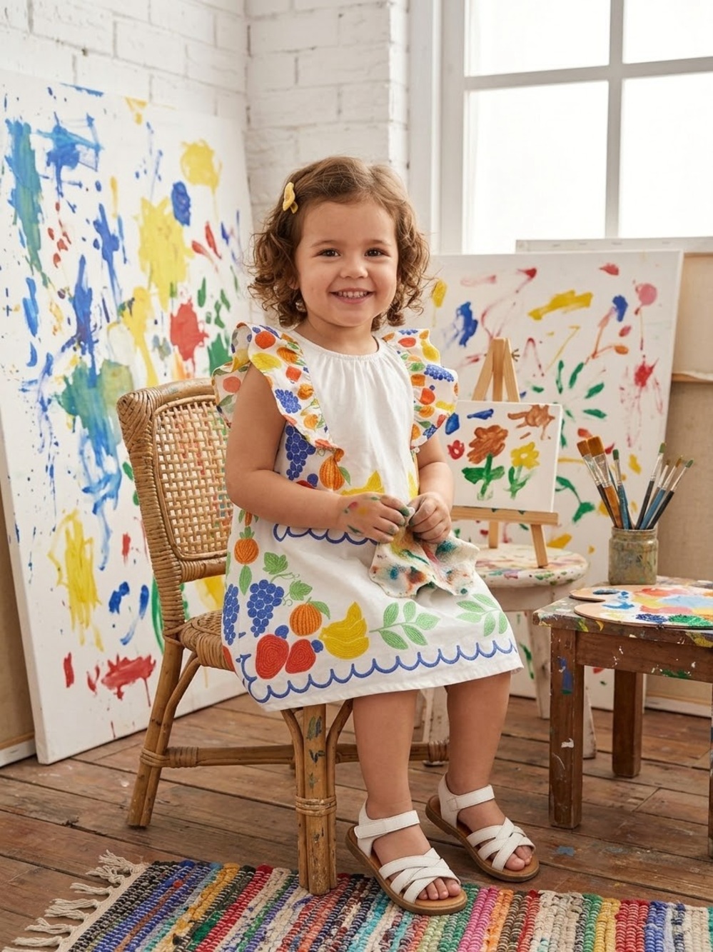 Fábula Kids Multicolor Fruit Print Dress with Ruffle Sleeves